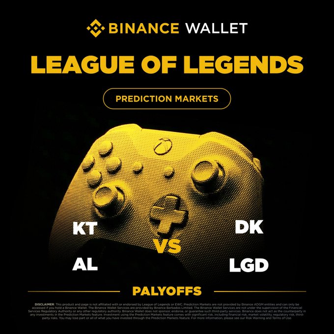 Binance Wallet promotional image announcing the launch of League of Legends Prediction Markets for the Playoffs, featuring matchups between KT vs DK and AL vs LGD, set against a yellow game controller graphic.