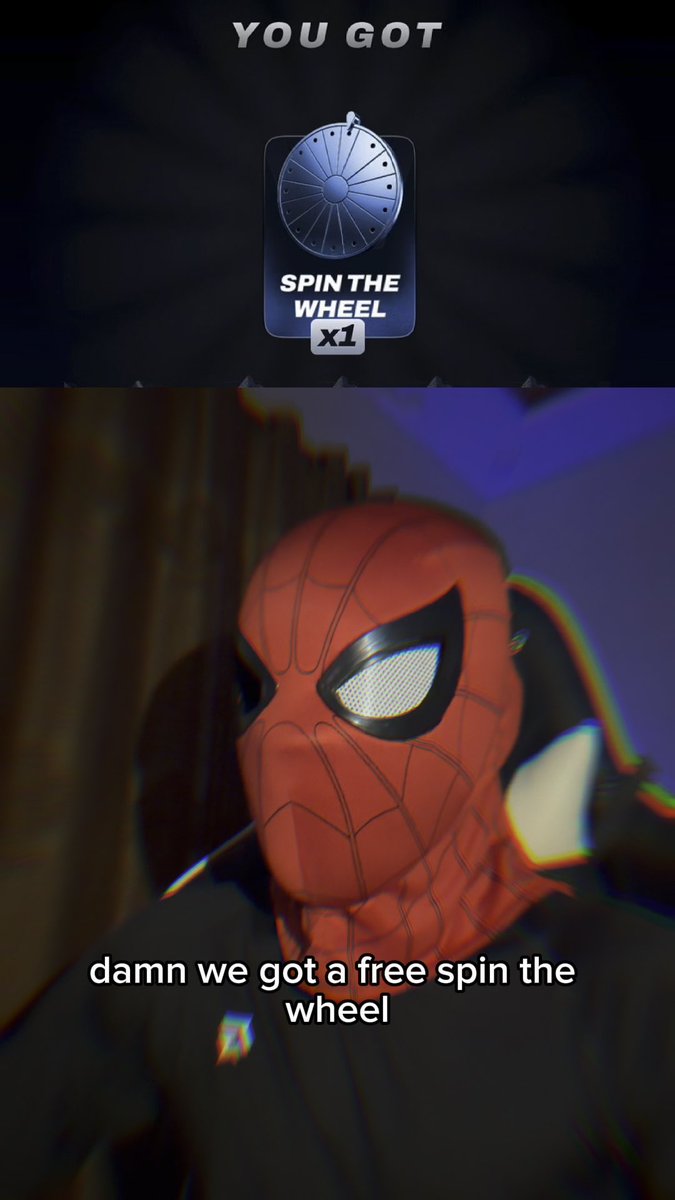 A meme features a close-up of Spider-Man's mask with the text 'YOU GOT SPIN THE WHEEL x1' above and 'damn we got a free spin the wheel' below.