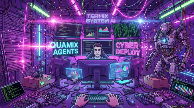 A vibrant, neon-colored digital illustration of a man sitting at multiple computer monitors with a robotic figure nearby, featuring text like 'QUAMIC AGENTS', 'CYBER DEPLOY', and 'TERMIX SYSTEM AI'.