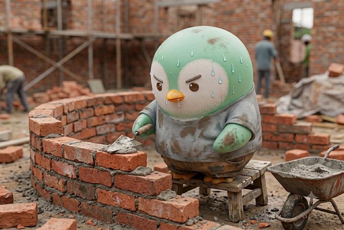A humorous 3D-rendered scene depicts a sweating penguin character dressed as a construction worker laying bricks on a wall, with a wheelbarrow and real construction workers in the background.