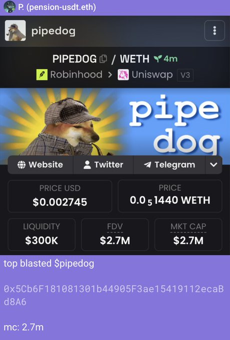 A screenshot of a crypto tracker page showing the "$pipedog" (PIPEDOG/WETH) token on Uniswap V3 with a $2.7M market cap, $300K liquidity, and a price of $0.002745, posted as proof of an early call before the token's major run-up. The image directly supports the post's claim of having recommended $pipedog at a $2.7M market cap before its surge to $70 million.