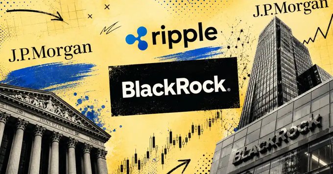 The image features a poster with various logos for Ripple, BlackRock, J.P. Morgan, Goldman Sachs, Nasdaq, andDTCC. The text "LATEST: Ripple Prime $XRP, BlackRock, JPMorgan, Goldman Sachs, Nasdaq, and DTCC are now collaborating on the future of tokenized finance." is written in white at the bottom of the poster. This suggests that these companies have come together to discuss and explore the potential applications and implications of tokenized finance for the financial industry.
