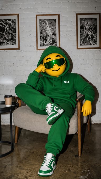 A person wearing a green tracksuit, green sunglasses, and a smiling emoji mask sitting in a chair, with "NILF" visible on the hoodie.