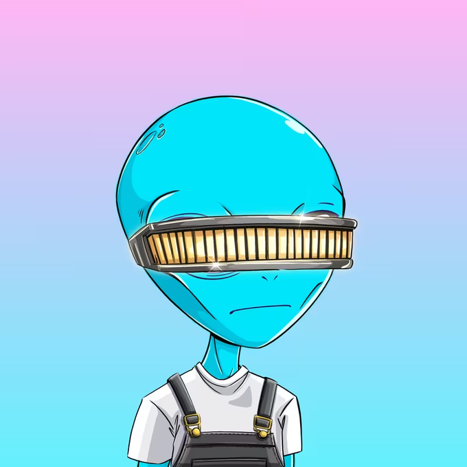 A colorful digital illustration of a blue alien character with a large head, wearing a gold-colored metallic visor, a white t-shirt, and dark overalls against a pink and blue gradient background.