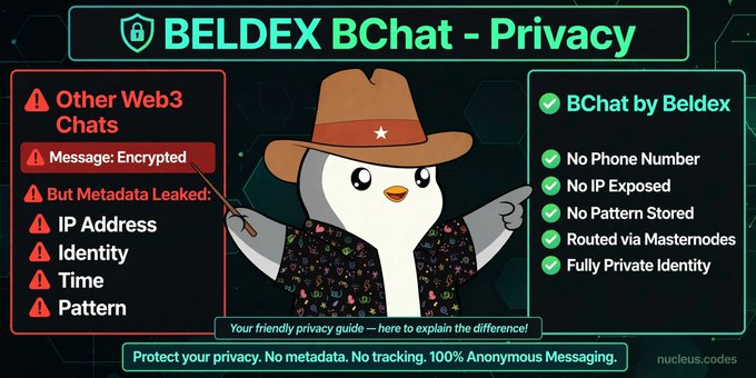 An infographic titled 'BELDEX BChat - Privacy' featuring a cartoon penguin mascot in a cowboy hat, contrasting privacy risks of 'Other Web3 Chats' (encrypted message but leaked metadata like IP, identity, time, pattern) with the benefits of 'BChat by Beldex' (no phone number, no IP exposed, fully private identity).