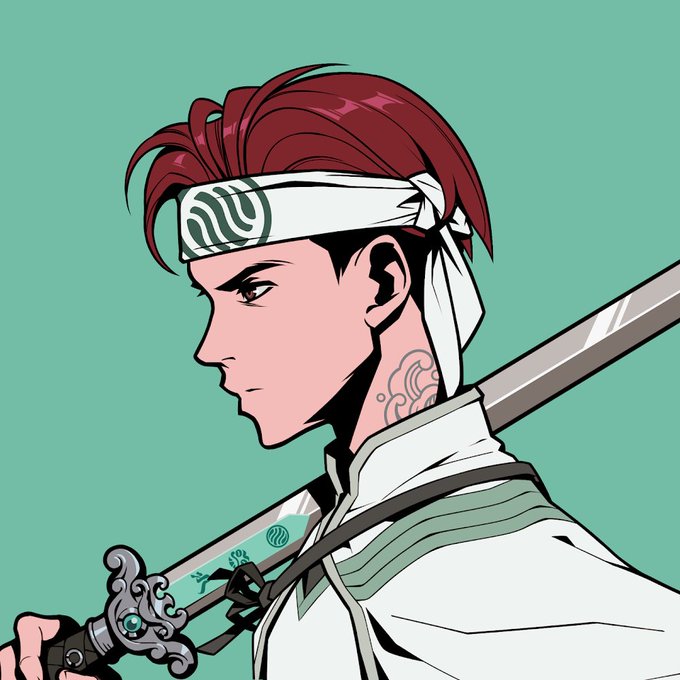 An anime-style illustration of a red-haired warrior character in profile, wearing a white headband and carrying a sword over his shoulder.