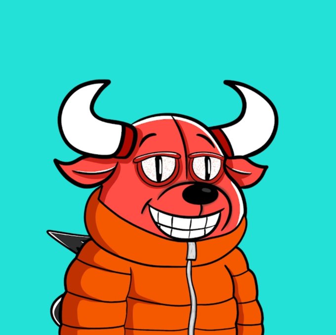 A cartoon red bull with white horns wears an orange puffer jacket and grins with a toothy smile against a teal background.