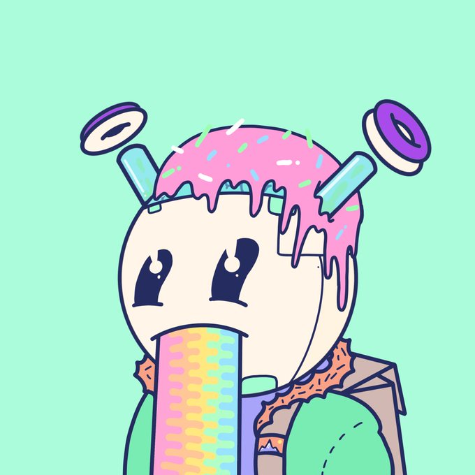 A digital illustration of a cute cartoon character with pink frosting/ice cream on its head, purple antennae, and a rainbow tongue hanging out.