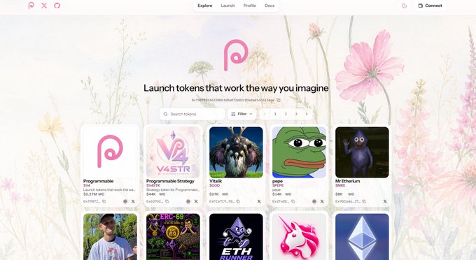 The image shows a cryptocurrency token launch platform website featuring a floral background with the headline "Launch tokens that work the way you imagine," displaying various token cards including "Programmable SBR," "V4STR Programmable," "Vitalik" (527K MC), "pepe LORD" (514K MC), "Mr.Ethereum" (24K MC), and others, with the post highlighting the V4STR token on this Uniswap v4-based platform.