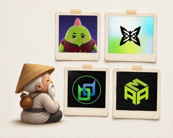 A cartoon figure of an elderly man with a conical hat and gourd sits before four polaroid-style images showing a green cartoon character with a pink mohawk and three crypto logos.