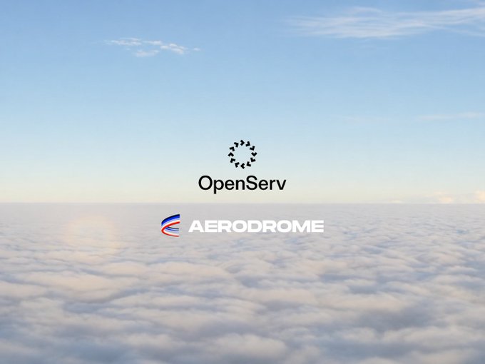 A serene image of clouds above the sky with the logos of "OpenServ" and "AERODROME" overlaid, symbolizing the integration and migration of OpenServ's $SERV protocol assets to Aerodrome incentivized pools on the Base ecosystem.