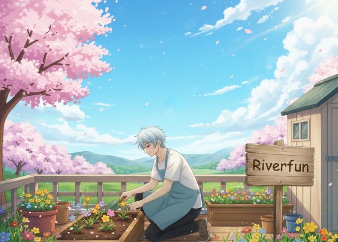 An anime-style illustration depicts a silver-haired character tending to a flower box garden on a balcony with cherry blossoms and a wooden sign reading 'Riverfun'.