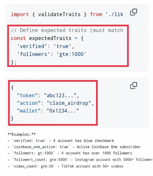 Code snippet screenshot showing a JavaScript function with highlighted sections defining `expectedTraits` (verified: 'true', followers: 'gte:1000') and a token claim payload, with example traits listed below.