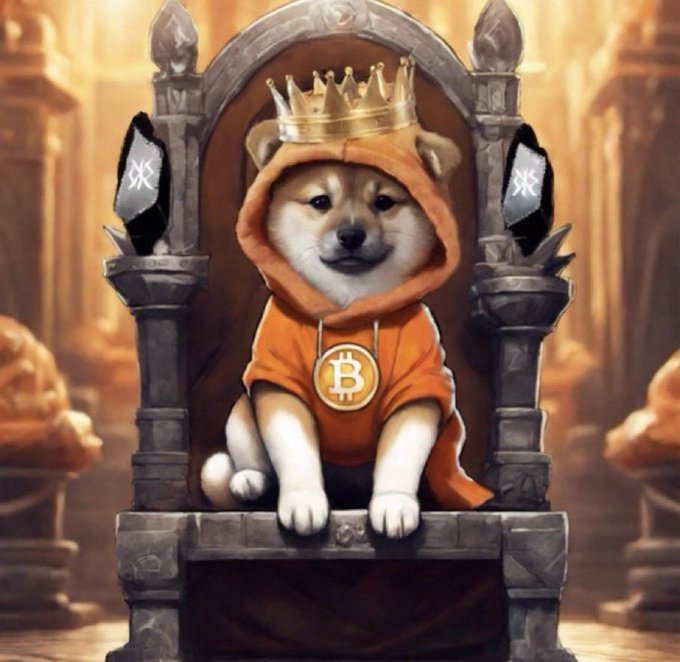 An AI-generated illustration of a Shiba Inu in an orange Bitcoin hoodie wearing a golden crown, seated on a stone throne flanked by dark crystals.