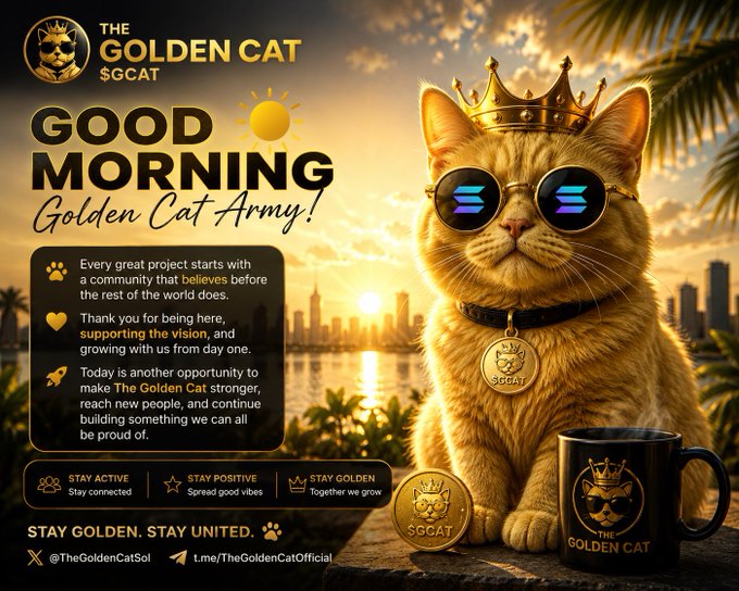 A promotional graphic for '$GCAT - The Golden Cat' featuring an orange cat wearing a crown and sunglasses, a coffee mug, and a 'GOOD MORNING Golden Cat Army!' message.