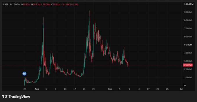 A TradingView chart for the CATE/GMSN pair shows CATE trading at 25.53M with a 4-hour timeframe, displaying a sharp rally peaking near 90M in late August followed by a significant pullback to around 25M—illustrating the dip the poster is using as an opportunity to accumulate more of the token.