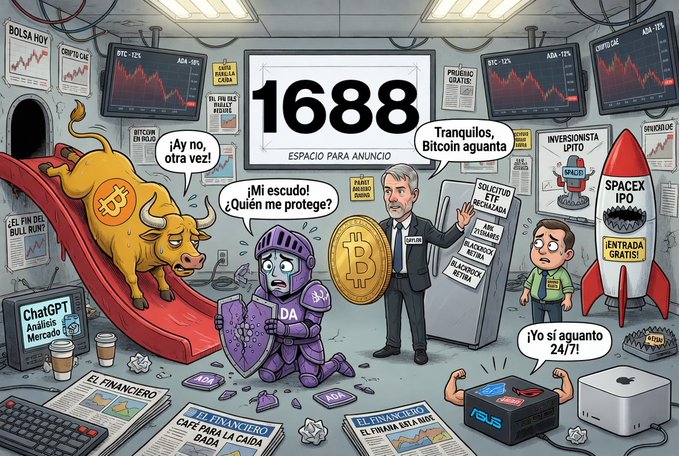 The image features an office scene with various cartoon characters, including a man wearing armor holding a gold coin (a Bitcoin), surrounded by other characters such as bulls and bulls, and news icons like Dow Jones and Spacex. The title of the post is "1688 mailchi.mp/diariobitcoin/ Bitcoin cae a USD $61.000 y el mercado ya busca señales de fondoADA toca mínimos de 5 años y Hoskinson advierte más golfes en Cardano Saylor resta drama a salidas ETF: dice que solo es rotación de capital IPO de SpaceX: la promesa".