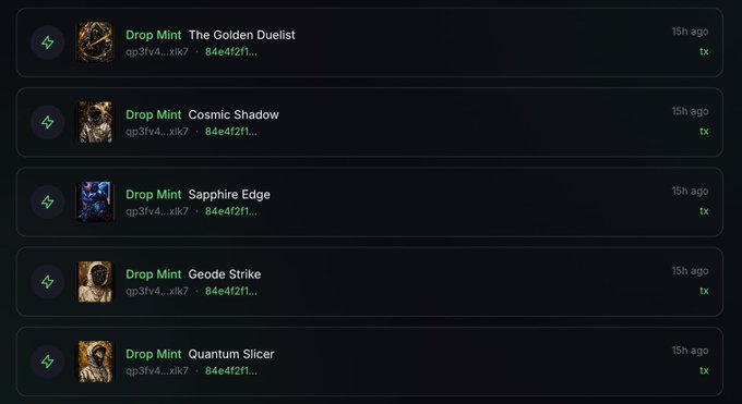 A dark-themed NFT marketplace listing showing five 'Drop Mint' items from contract qp3fv4...xlk7: 'The Golden Duelist', 'Cosmic Shadow', 'Sapphire Edge', 'Geode Strike', and 'Quantum Slicer', each priced at 1tx and posted 15h ago.