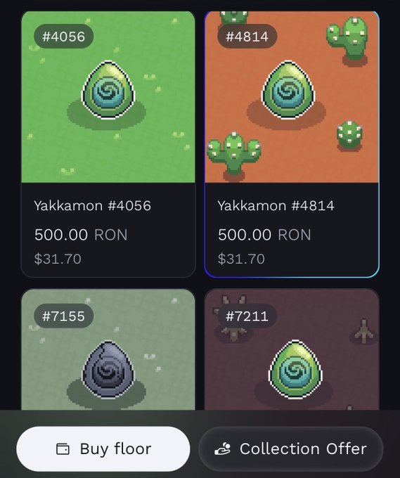 A mobile app screen showing four digital collectible items called 'Yakkamon' (#4056, #4814, #7155, #7211), each featuring a spiral-patterned egg in different environments, priced at 500.00 RON ($31.70), with buttons for 'Buy floor' and 'Collection Offer'.