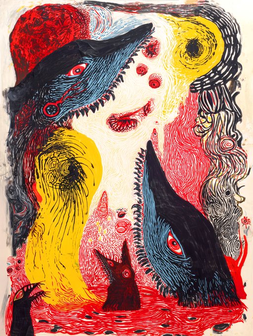 A colorful, expressionist-style painting featuring abstract faces with prominent red eyes alongside dark, sharp-toothed fish-like creatures in red, yellow, and black.