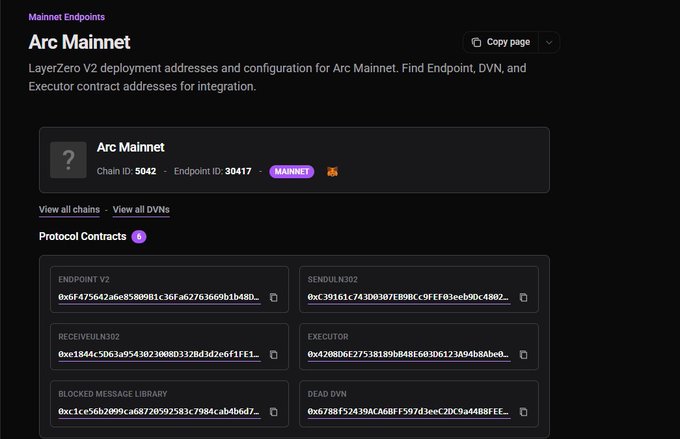 LayerZero documentation page showing 'Arc Mainnet' endpoint information with Chain ID 5042, Endpoint ID 30417, and protocol contract addresses including EndpointV2, SendUln302, ReceiveUln302, Executor, Blocked Message Library, and Dead DVN.