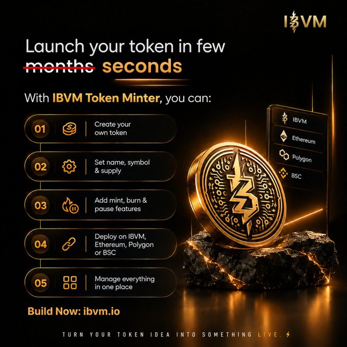 An advertisement for the "IBVM Token Minter" that lets users launch a token in "few seconds" by creating, customizing, and managing it on IBVM, Ethereum, Polygon, or BSC.