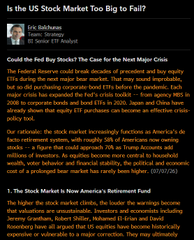 The image shows analyst Eric Balchunas predicting that the US stock market—now the world's largest fund with massive ETFs like VOO, SPY, and QQQ holding trillions—has become "too big to fail," meaning the government will likely bail it out during any future crisis, just as it did with banks in 2008 and as it potentially could with Bitcoin.