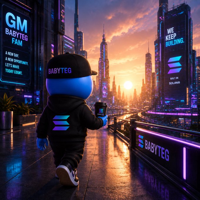 A blue cartoon character, likely a baby teg, stands holding a cup of coffee while walking down a city street at sunset or dawn with neon buildings in the background. The accompanying post, "GM BABYTEG FAM A new day. A new opportunity. While others wait... We keep building. Let’s make today count." emphasizes the importance of taking advantage of opportunities and making the most out of life's experiences.
