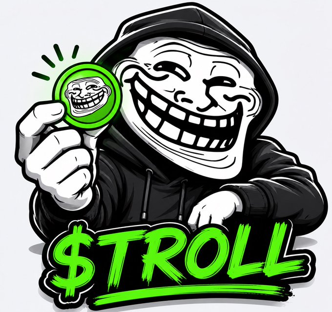 A cartoon troll character wearing a black hoodie and grinning widely holds up a green coin with its own face on it, with the word '$TROLL' in large green stylized text at the bottom.