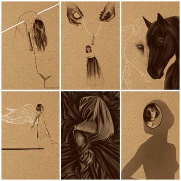 A grid of six surreal, sepia-toned artistic illustrations featuring figures, a horse, an angel, and a hooded character.