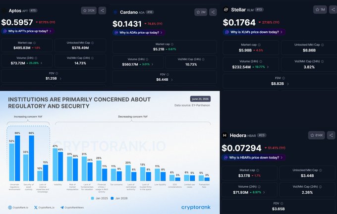 The image displays a cryptocurrency dashboard tracking four assets—Aptos (APT) at $0.5957, Cardano (ADA) at $0.1431, Stellar (XLM) at $0.1764, and Hedera (HBAR) at $0.07294—all posting significant 1-year declines, alongside a Cryptorank.io chart showing that institutional concern has shifted toward regulatory and security issues, with custody/access as the top concern at 66% in 2025. This visual supports the post's narrative that despite the deep price drawdowns, institutional adoption is maturing, with focus turning from legitimacy questions to infrastructure needs like custody.
