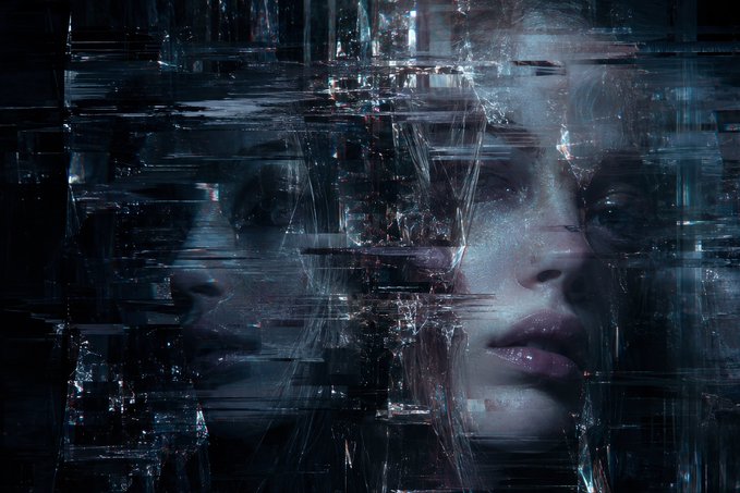 A moody, dark digital art piece featuring a close-up of a woman's face partially obscured by glitchy, shattered glass-like visual distortions.