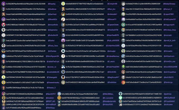 A dense spreadsheet or dashboard listing hundreds of Twitter/X handles and corresponding wallet addresses, likely a snapshot of contributors or NFT minters.