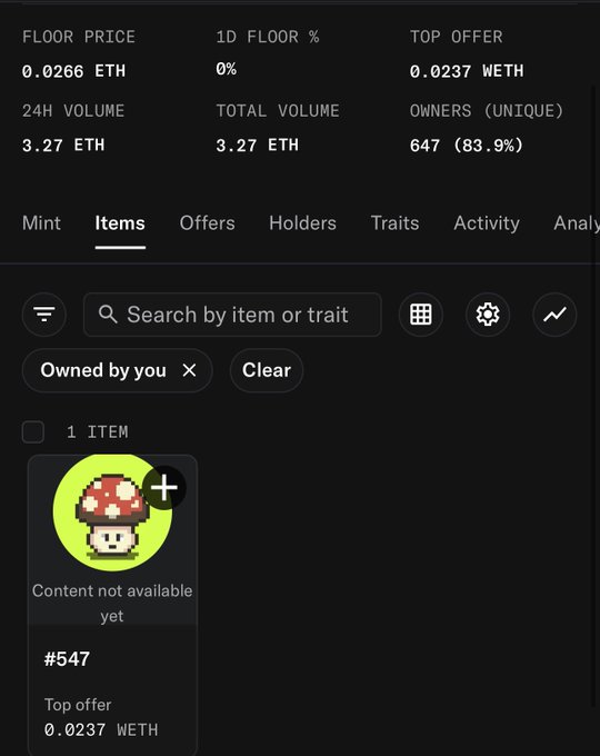 A screenshot of an NFT marketplace interface showing stats like 'FLOOR PRICE 0.0266 ETH' and a pixel art mushroom NFT labeled '#547' with text 'Content not available yet'.