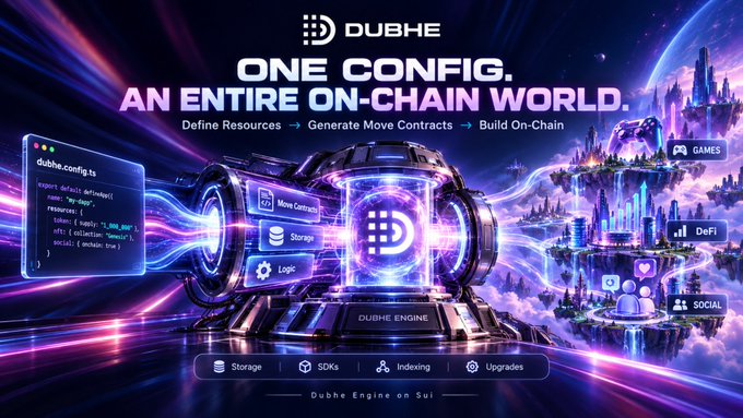 A promotional graphic for "DUBHE" featuring the tagline "ONE CONFIG. AN ENTIRE ON-CHAIN WORLD," advertising features like Move Contracts, Storage, Logic, Games, DeFi, and Social.