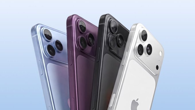 Four iPhones in different colors (blue, purple, black, and white/silver) are displayed at an angle, showing their rear camera modules against a light blue gradient background.