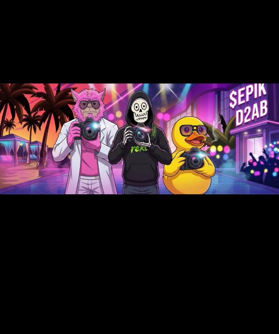 A vibrant crypto-themed illustration shows three characters—a pink alpaca in a lab coat, a hooded skeleton, and a duck wearing sunglasses—all holding cameras in front of a neon-lit venue with the text "SEPIK D2AB," symbolizing the upcoming $EPIK airdrop snapshot and the community-driven content creation behind the project.