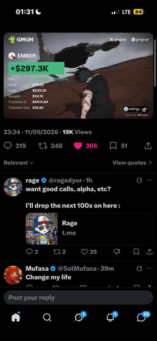 A mobile screenshot of a social media feed showing a post with a +$297.3K gain, followed by replies from users 'rage' (@ragedyor) and 'Mufasa' (@SolMufasa).
