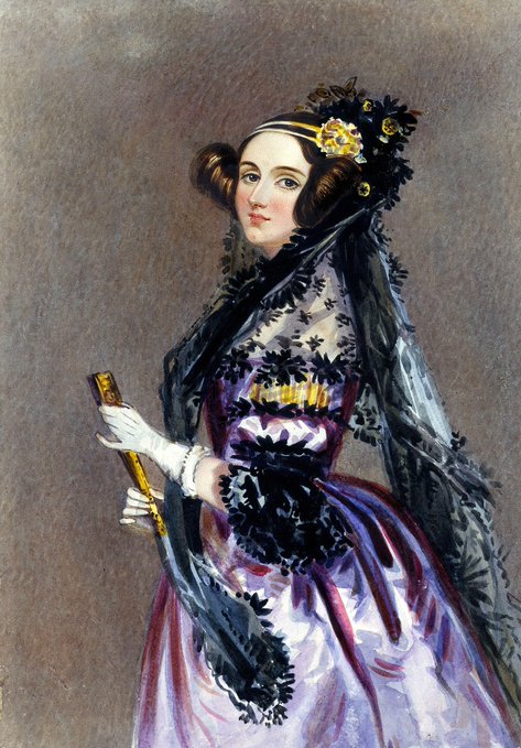 A vintage-style painted portrait of a woman in a purple Victorian-era dress with black lace, holding a fan, reminiscent of Ada Lovelace.