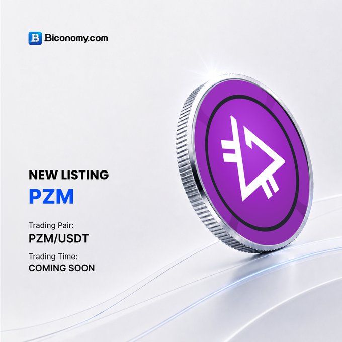 A promotional graphic from Biconomy.com announcing a 'NEW LISTING' for PZM token with trading pair PZM/USDT, noting the trading time is 'COMING SOON' next to a purple coin illustration.