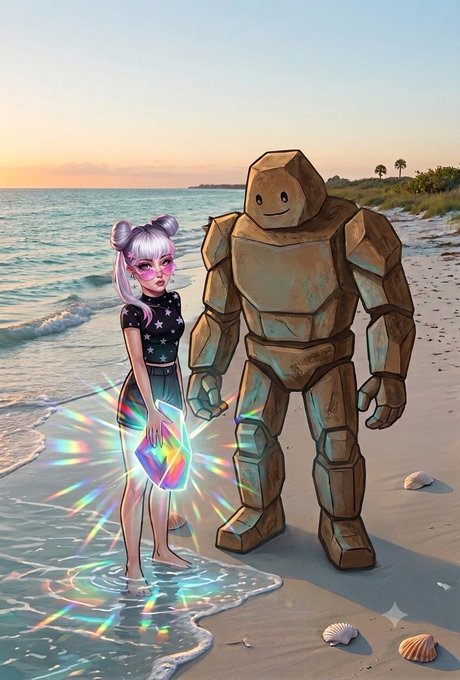 Digital illustration of a purple-haired anime-style girl holding a glowing rainbow cube alongside a large stone golem figure, both standing on a beach at sunset.