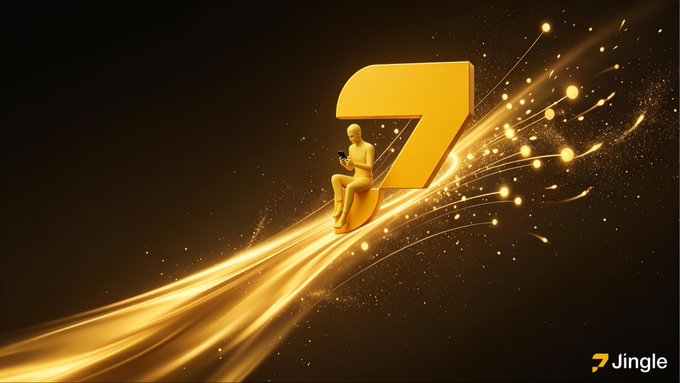 A digital graphic features a golden "J" logo with a stylized human figure sitting on it, trailing golden light streaks against a dark background, with "Jingle" written in the bottom right corner.