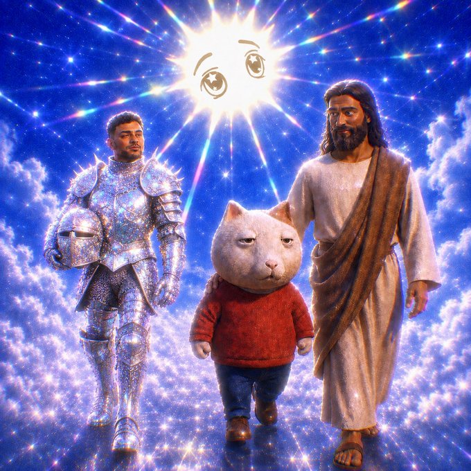 A glittery, holographic image featuring a knight in full silver armor, a man dressed like Jesus, and a grumpy cat in a red sweater standing together in a sparkling cosmic cloudscape beneath an anthropomorphic sun.