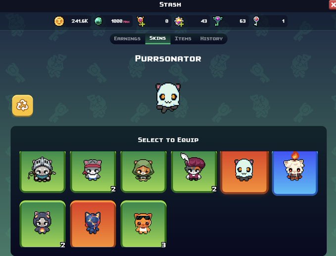 A screenshot of a video game inventory screen titled 'STASH', showing a 'Purrsonator' character and various unlockable character skins under the 'Skins' tab.