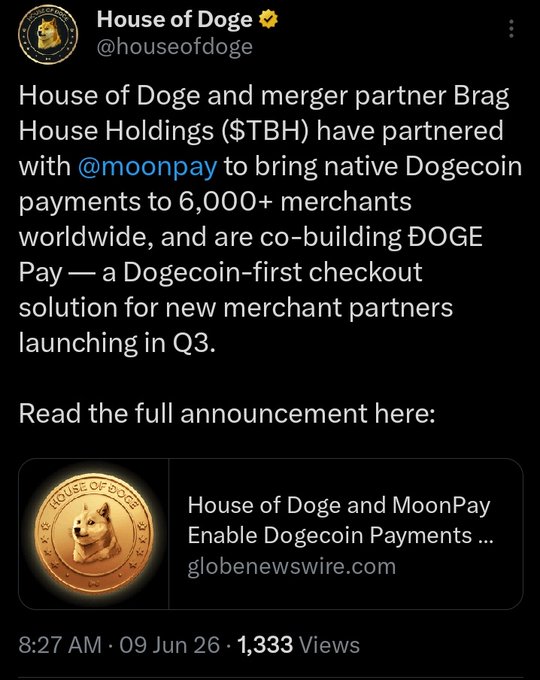 The image features a Twitter post with a caption that reads "House of Dogge and MoonPay enable DOGE payments...". The post also includes an announcement about a new cryptocurrency called "MoonCoin" and mentions that it has been introduced as a native coin for global use, with the hashtag "#MoonPay".