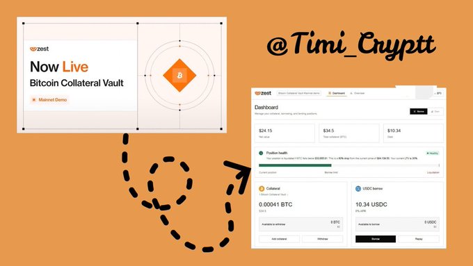 A promotional graphic with the handle '@Timi_Cryptt' showing a Zest 'Bitcoin Collateral Vault' Now Live announcement alongside screenshots of a dashboard interface.