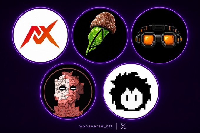 Five NFT project logos displayed in purple-glowing circles: an orange 'AX' mark, an acorn leaf, orange goggles, a geometric red hooded figure, and a pixel-art black-haired character, branded 'monaverse_nft'.