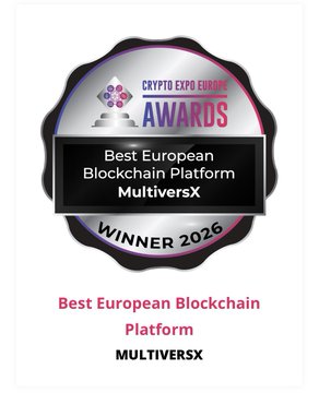A Crypto Expo Europe Awards 2026 badge announcing MultiversX as the Winner of 'Best European Blockchain Platform'.