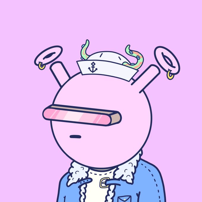 An illustration of a cute cartoon character with a sailor hat, horns, and angel halo wearing a blue jacket against a pink background.