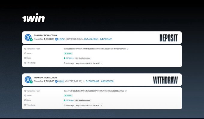 A 1win platform interface displaying transaction actions, including a USDC deposit ($999,398.00) and a USDC withdrawal ($1,747,947.10) with transaction hashes and timestamps.